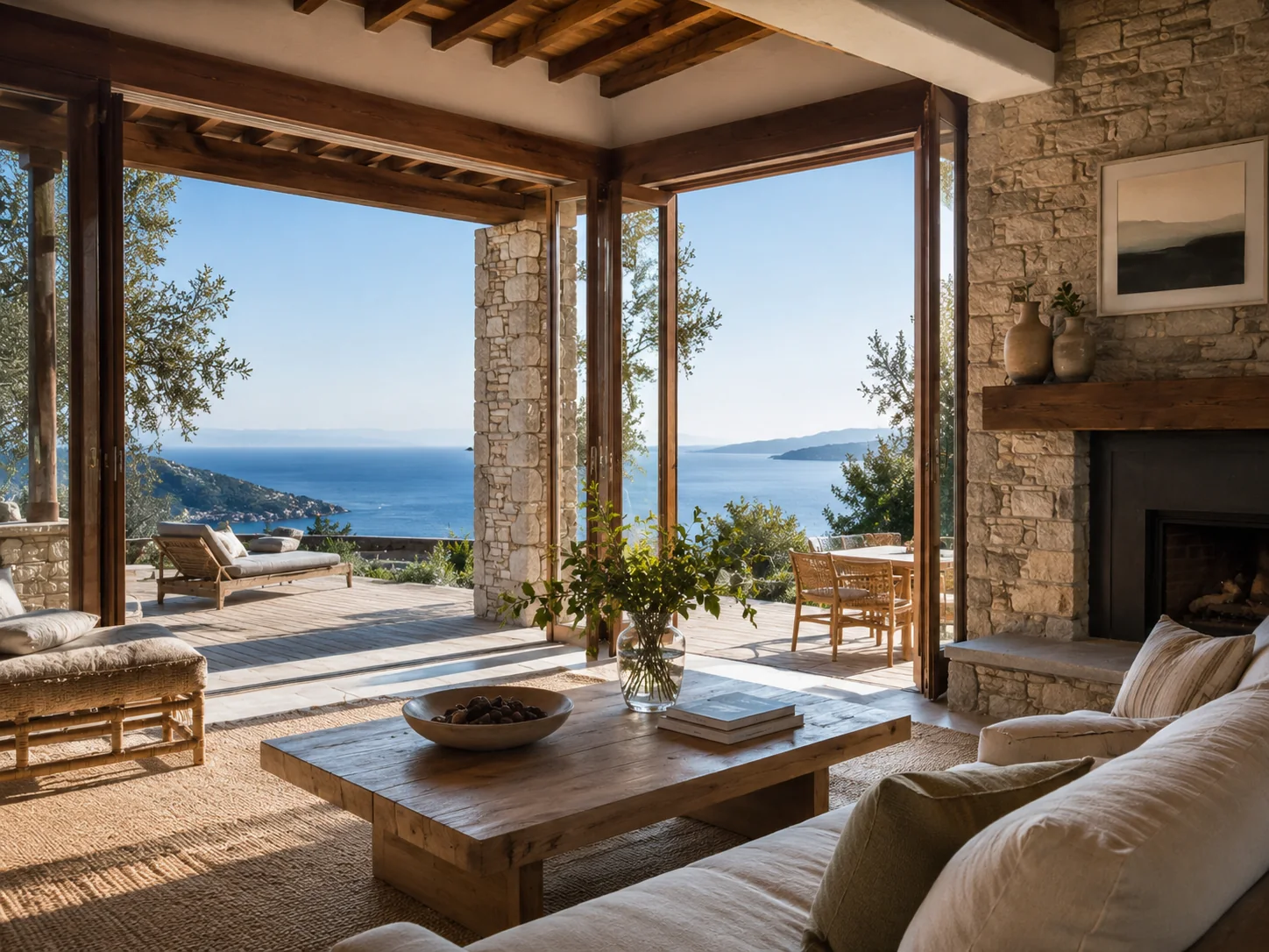 Heller Wohnraum eines Natursteinhauses mit Blick auf das Meer