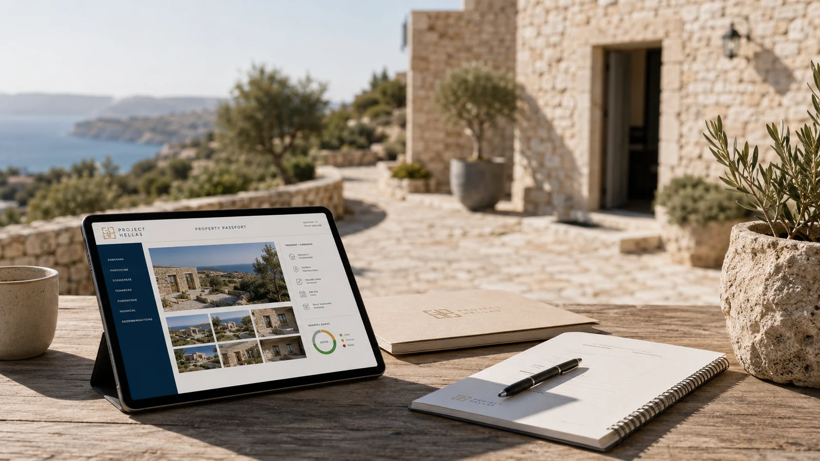 Property Passport documentation in front of a Mediterranean holiday home in Greece