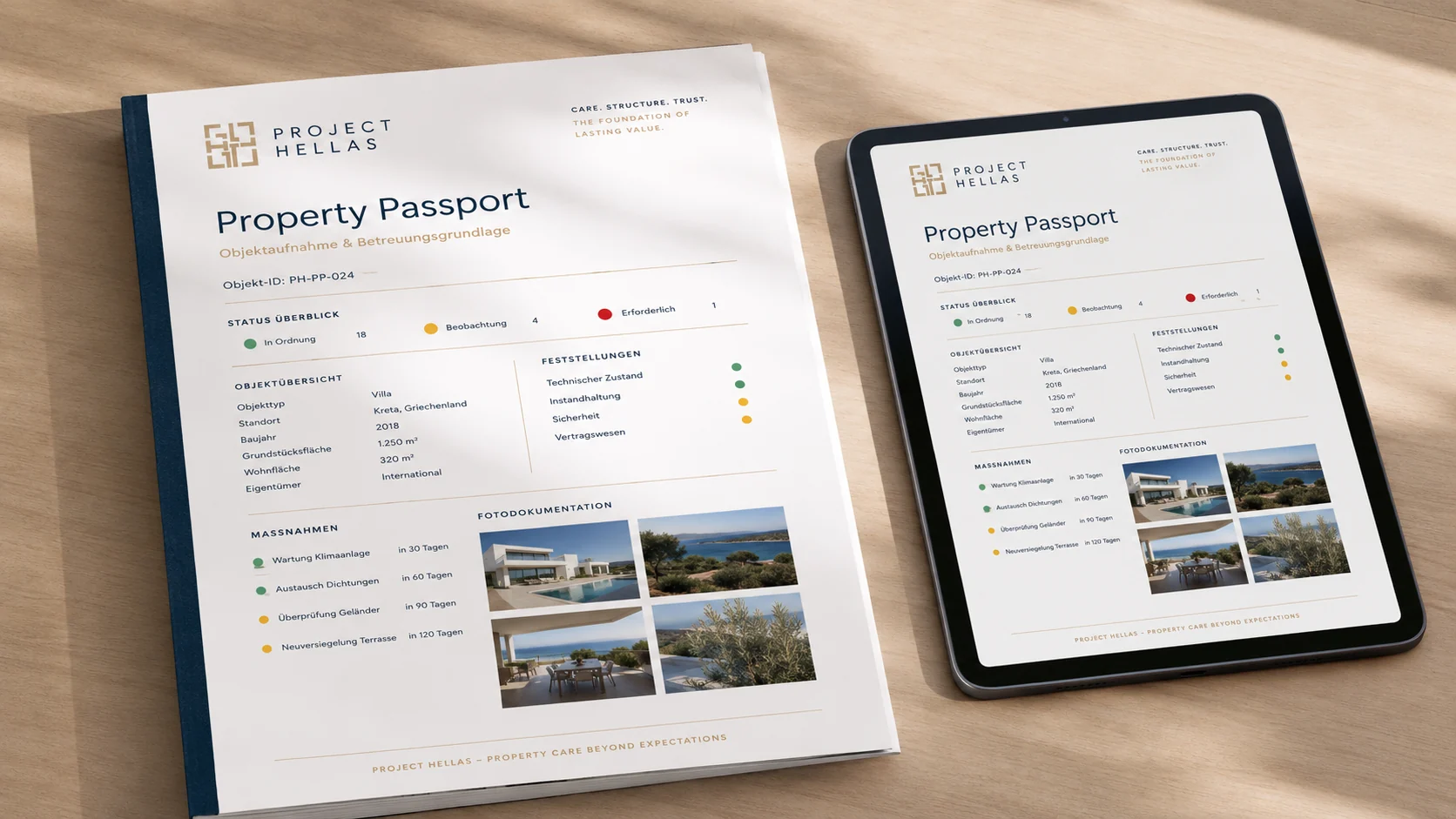 Sample PROJECT HELLAS Property Passport shown as a printed report and digital tablet version