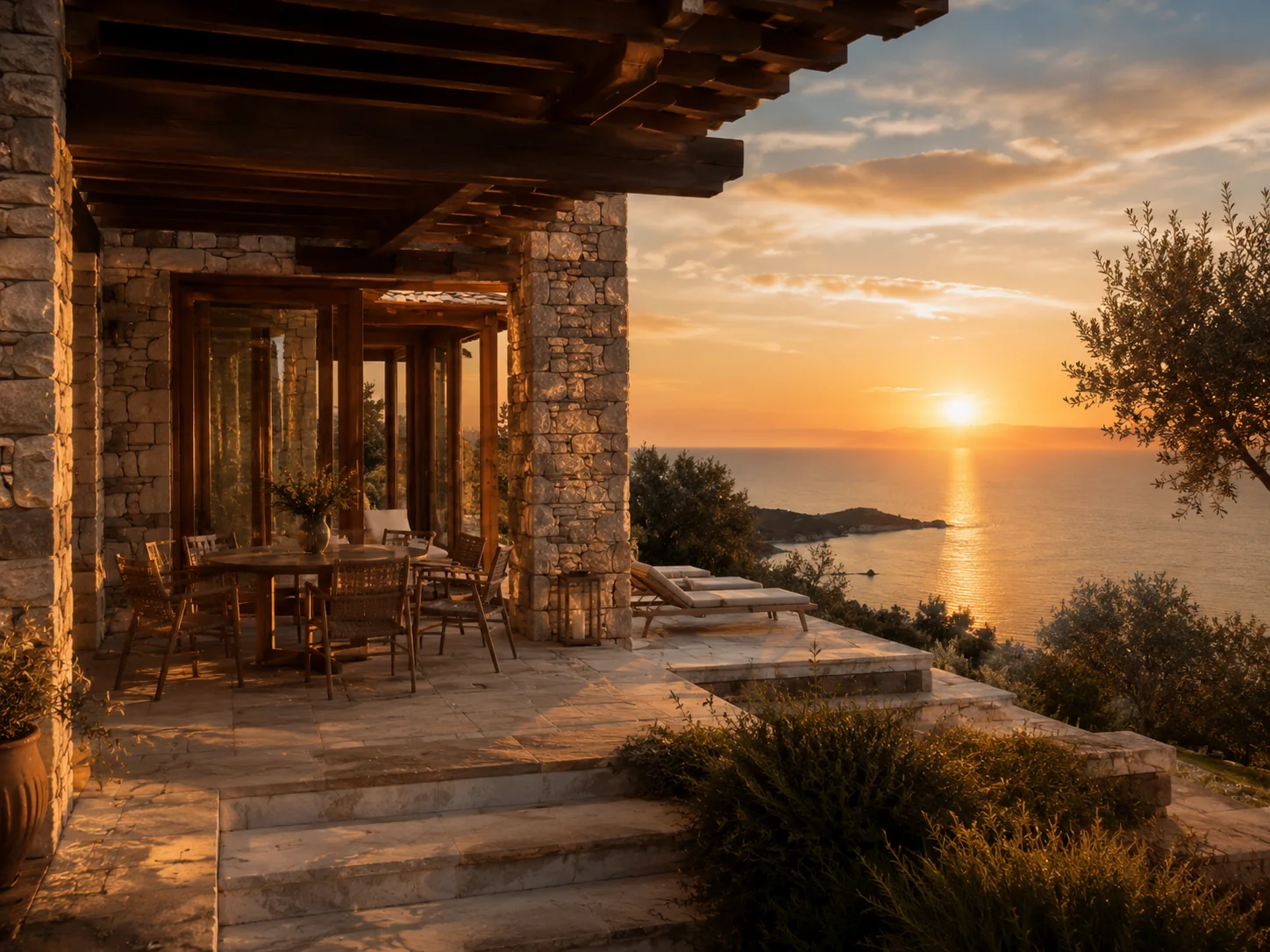 Natursteinterrasse mit Blick auf das Meer bei Sonnenuntergang